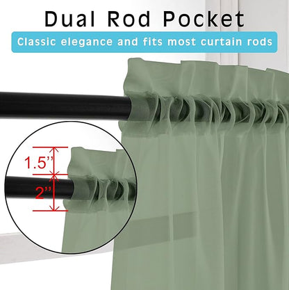 OWENIE Sheer Curtains Living Room 54 inches Long, Rod Pocket Curtain Sheers Bedroom, Light Filtering Voile Panels Drapes Basement Small Window Treatments 2 Panels, 42" W x 54" L, Sage Green