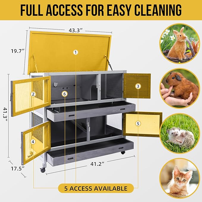 Rabbit Hutch Bunny Cage Indoor Outdoor with Wheel Deeper Tray Chew Proof Guinea Pig Cages 2 Decks Large Rabbit House with 4 Wooden Doors Weatherproof 41.3" L*17.3" W*41.3" H-Mewly Pet