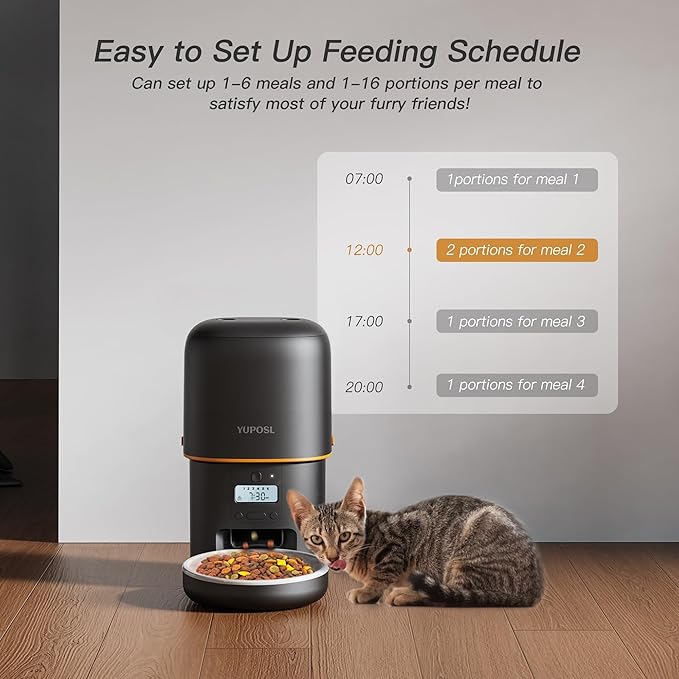 Automatic Cat Feeder - 2L Cat Food Dispenser, Timed Auto Pet Feeder with 180-day Battery Life, 1-6 Meals Per Day, 1-16 Portion, Ceramic Bowl, Desiccant Bag Keeps Dry Food Fresh, Also for Small Dogs-Mewly Pet