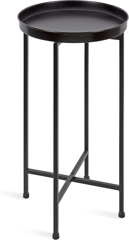 Kate and Laurel Celia Round Metal Foldable Accent Table with Tray Top, Black