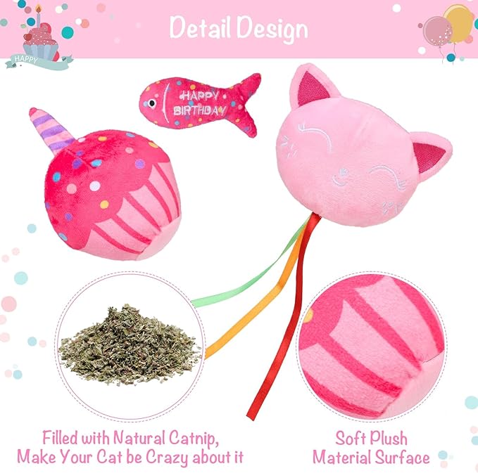 BINGPET Catnip Toys for Indoor Cats, Cat Birthday Hat and Interactive Plush Kitten Chew Toys - Cute Cake, Fish, Balloon Toys with Crinkle Paper and Catnip Inside Pink-Mewly Pet