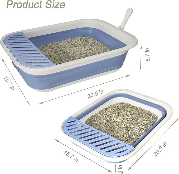 Senior Cat Litter Boxes, Collapsible Open Low Entry Cat Litter Pan with Scoop Travel Kitty Potty Pan Foldable Pet Toilet for Sick Disabled Older Elderly Cats 20.9x15.7x5.7 inch-Mewly Pet