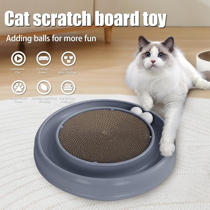 Interactive Cat Scratcher with Two Rotating Balls,Durable Scratch Pad for Indoor Play,Cardboard Cat Scratcher Pad with Cat Toy Ball Track and Catnip,2-in-1 Cat Toy (Grey)-Mewly Pet