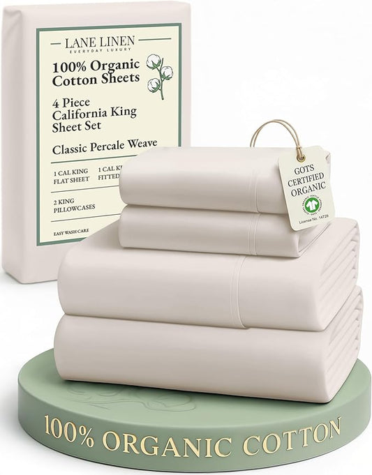 LANE LINEN 100% Organic Cotton California King Sheets Set, 4-Piece Pure Organic Cotton Long Staple Percale Weave Soft Best Bedding Sheets for Bed, Fits Mattress Upto 15" Deep - Glacier Grey