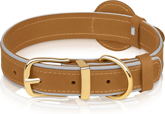 OOPSDOGGY Reflective Geniune Leather Airtag Dog Collar Soft Padded Collars for Small Medium Large Breed Dogs Puppy, 4 Sizes, 7 Colors (Camel, Medium, 12"-15")-Mewly Pet