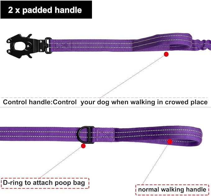 ICEFANG Tactical Dog Leash,K9 Training Walking Bungee Lead with 2 Control Handle,Heavy Duty Quick Release Metal Clasp,for Medium Large Breed (Reflective Purple, 6 FT)-Mewly Pet