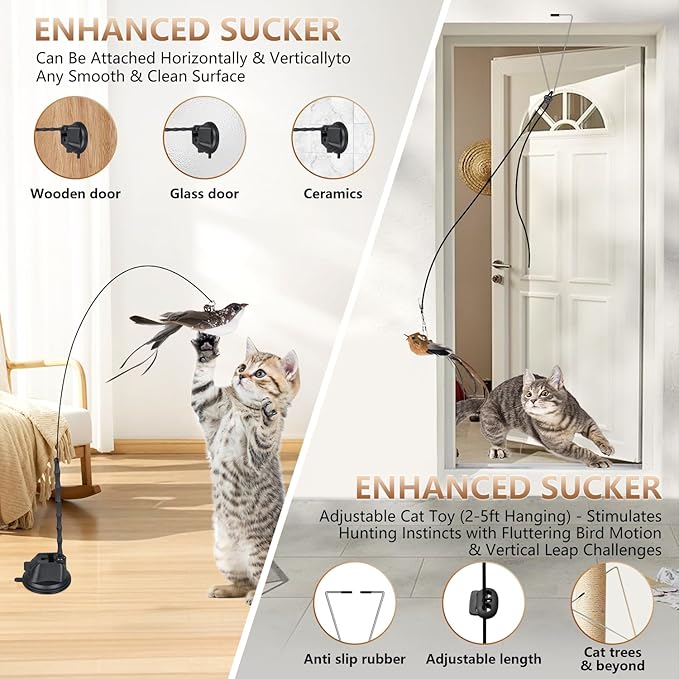 Cat Toys for Indoor Cats, Interactive Bird Cat Toy Self-Holding Suction Base with 5 Replaceable Birds, Door Hanging String, Feathers & Bells | Chase, Jump & Exercise for Kittens/Adult Cats-Mewly Pet