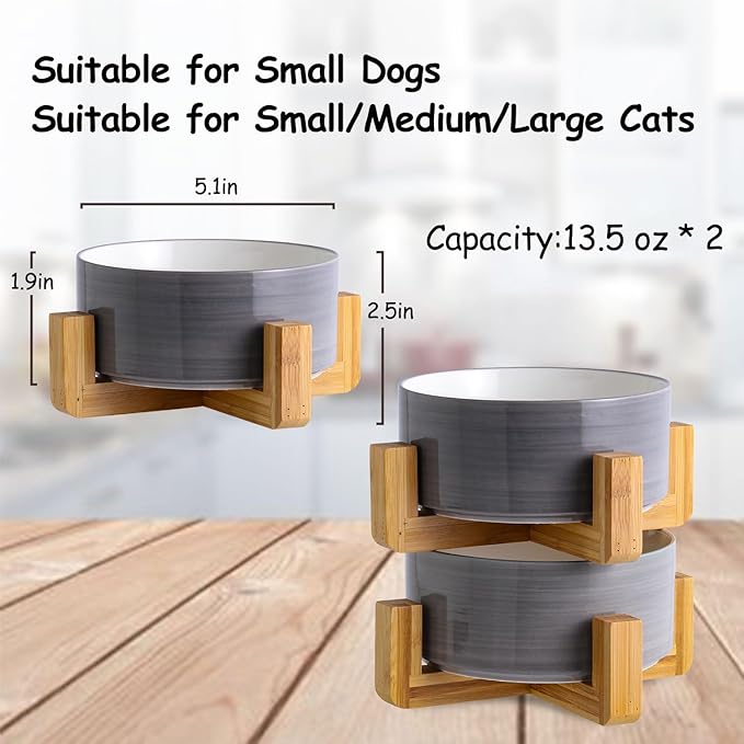 Petygooing Ceramic Cat Dog Bowl Set with Stand,Small Dog Bowls,Pet Food and Water Dish, Anti Slip Set of 2 Cat Bowls-Cute Modern Pet Food Dish Small Size (13.5OZ/5.1 in) Grey White-Mewly Pet