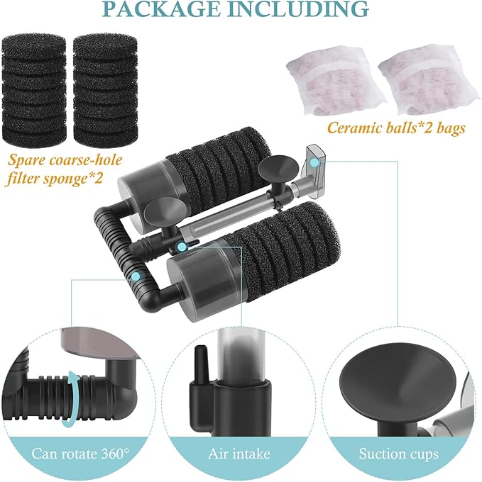 Air Powered Aquarium Sponge Filter with Biochemical Sponge and Ceramic Balls, Quiet Submersible Fish Tank Filter for 8-20Gallon (M-6.7in)-Mewly Pet