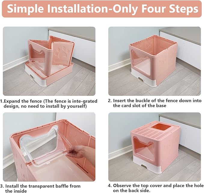 Foldable Cat Litter Box with Lid, Enclosed Potty, Large Top Entry Anti-Splashing Toilet, Easy to Clean Including Litter Scoop and 2-in-1 Cleaning Brush (Pink)-Mewly Pet