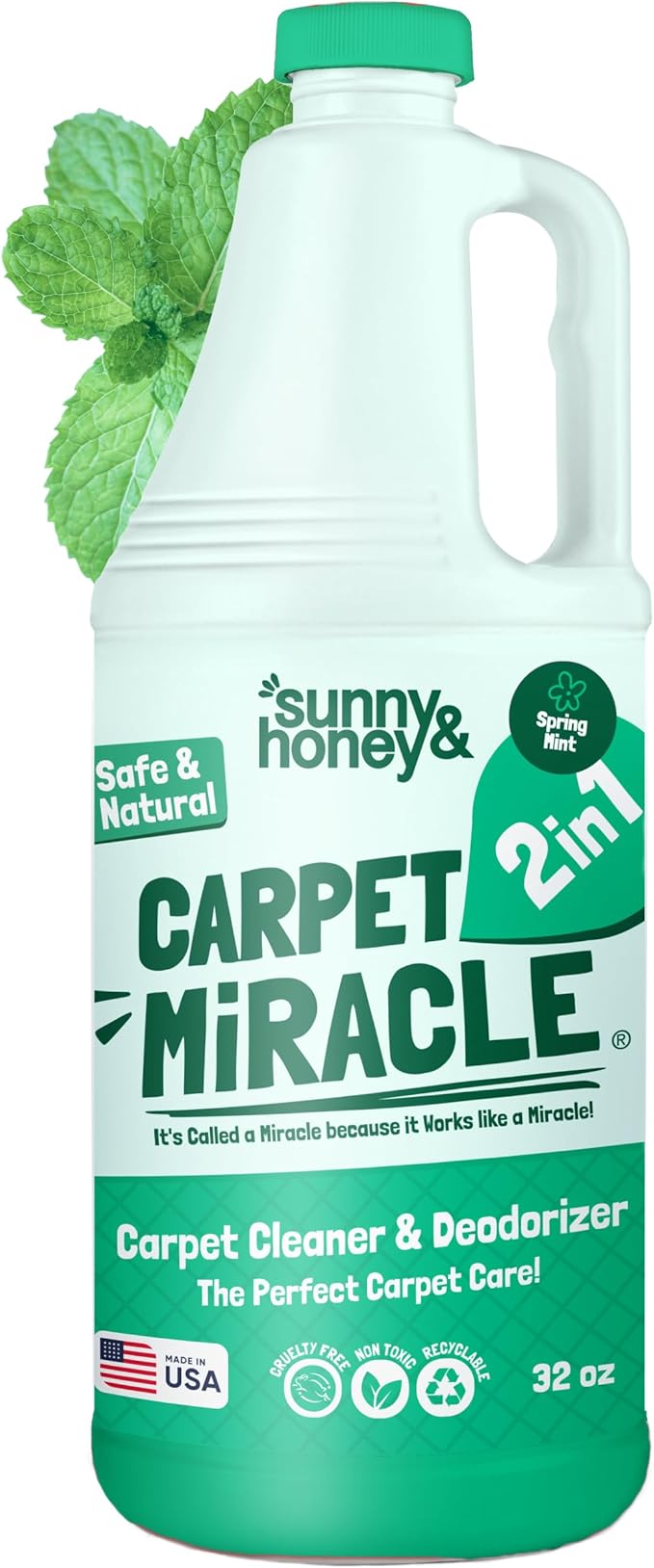 Sunny & Honey Carpet Shampoo & Cleaning Solution - 32 Fl Oz Spring Mint Scent - Pet Carpet Cleaner Machine Solution - Rug & Upholstery Cleaner - Stain Remover & Odor Deodorizer-Mewly Pet