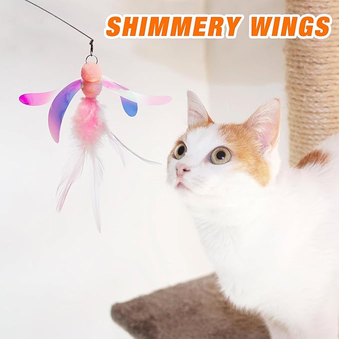 JXFUKAL Cat Feather Toy Refills, 4Pcs Simulation Butterfly Dragonfly Glitter Piece Feather Cat Lures Wand Attachment Replacement for Kitty Kitten Indoor Cats Accessories-Mewly Pet