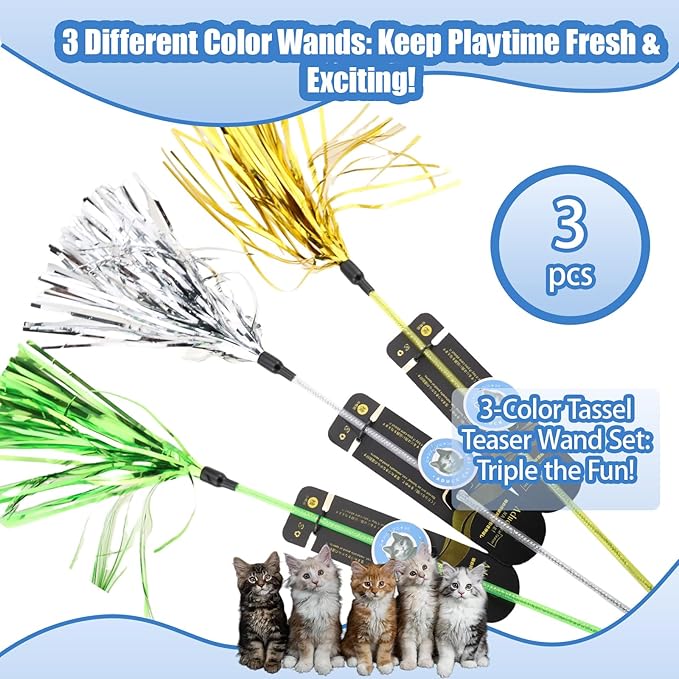 ADUCK Interactive Cat Teaser Wand Toy with Tassels - Durable Cat Chaser for Indoor Kitten Exercise, Boredom Relief & Training Play, Pack of 3 (Gold, Silver, Green)-Mewly Pet