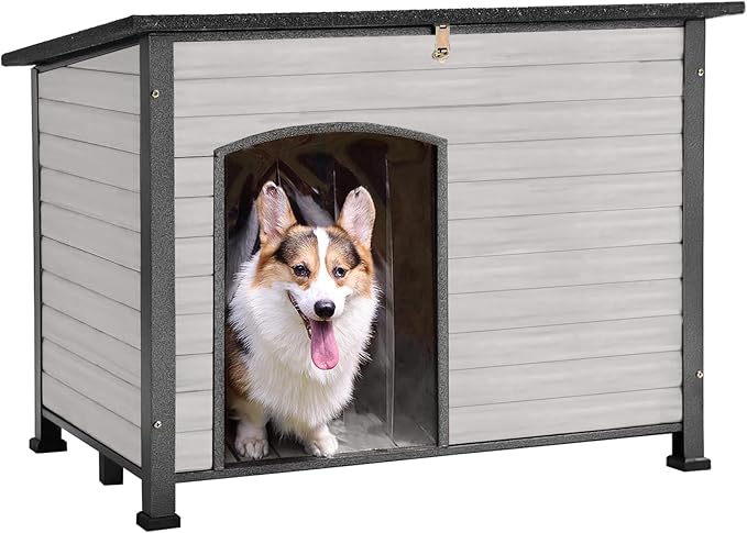 GUTINNEEN Chew Proof Dog House with Metal Iron Frame Outdoor Dog Kennel for Small Medium Large Indoor Dog Cage (43.3" L,Off-White Color)-Mewly Pet