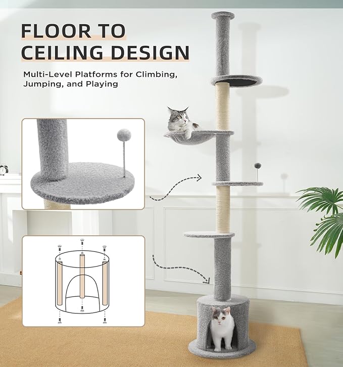 Made4Pets Floor to Ceiling Cat Tree 93-106'',Tall Cat Tower 5 Tiers,Adjustable Height, Stable Cat Tree Tower with Scratching Posts, Fluffy Condo, Hammock and Ball Toy for Indoor Cats/Kitten, Gray-Mewly Pet