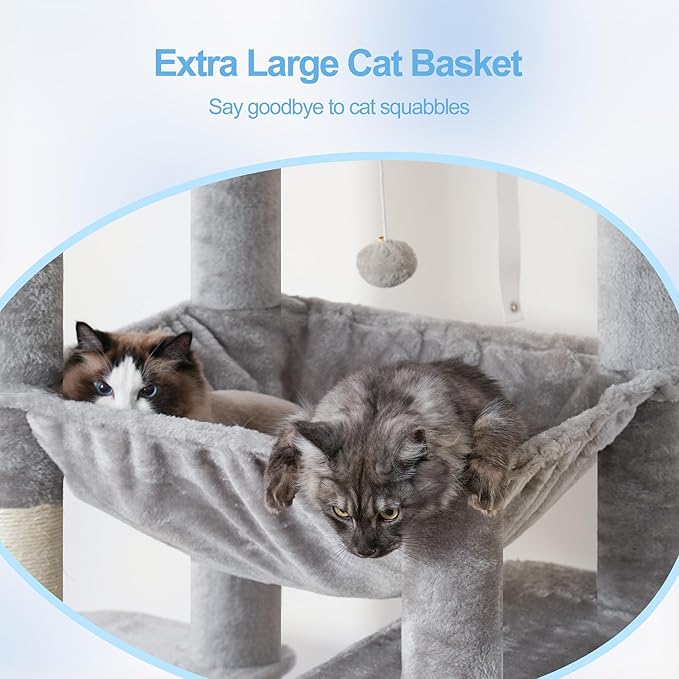 Hey-brother Tall Cat Tree Tower, Heavy Duty Scratching Posts with Large Platforms, Cozy Condos, Big Hammock, Toy Balls, Multi-Level Furniture for Indoor Adult Cats, 80.7 Inches, Light Gray MPJ039W-Mewly Pet