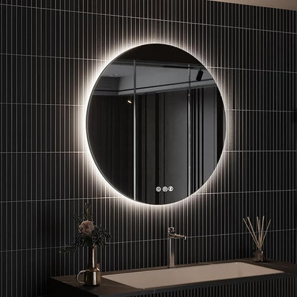 ROOMTEC 40" LED Round Mirror, Wall-Mounted, 6000K Backlit, Dimmable Lighted Bathroom Vanity, Anti-Fog