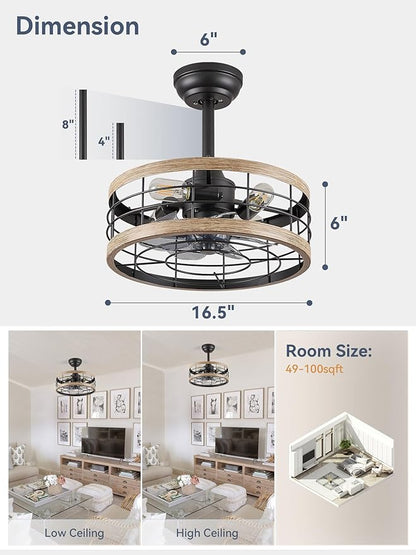 LEDIARY 16.5in Caged Ceiling Fan with Light, Fandelier Industrial Ceiling Fan with Remote, Rustic Metal Fan Lights Ceiling Fixtures for Kitchen, Farmhouse, Bedroom（6 Speed,1/2/4/8h Timing）-Brown