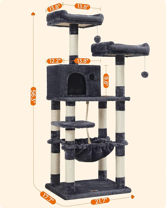 FEANDREA Cat Tree, Cat Tower for Indoor Cats, 56.3-Inch Cat Condo with Scratching Posts, Hammock, Plush Perch, Smoky Gray UPCT15GYZ-Mewly Pet