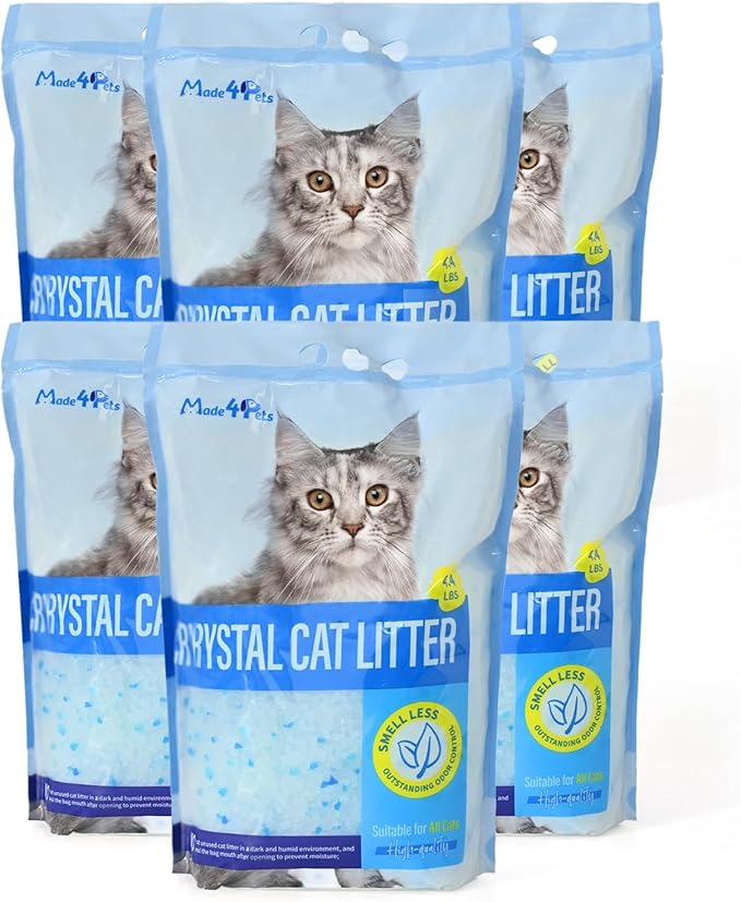 Made4Pets Cat Litter Crystals, Non Clumping Cat Litter Odor Control Kitty Litter Non Clumping No scooping Low Dust, Low Tracking, Lightweight, Dehydrates Waste,– 25.8 lbs (6 x 4.3 lb Packs)-Mewly Pet