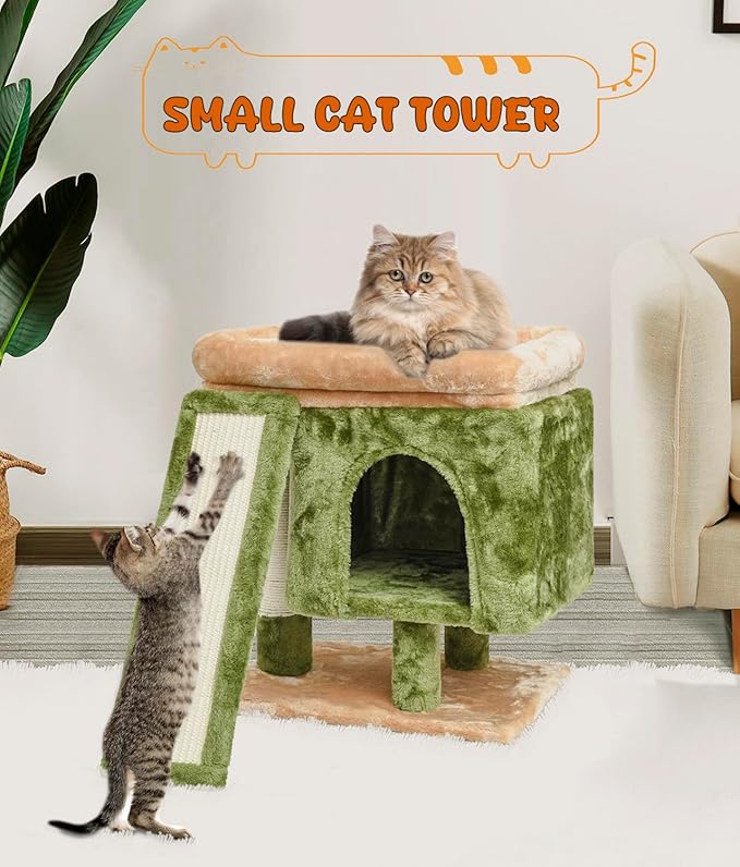 SYANDLVY Small Cat Tree for Indoor Cats, Cat Tower with Scratching Post, Modern Activity House for Large Cats, Condo with Board, Kittens Cave-Mewly Pet
