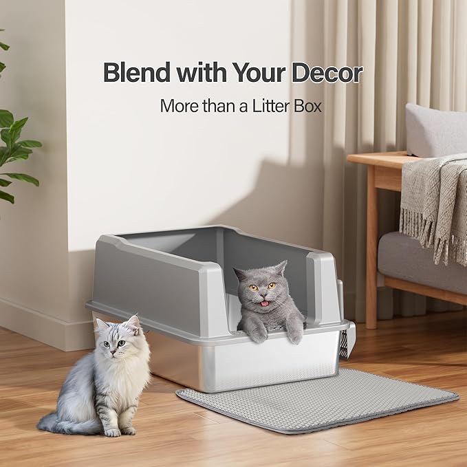 Stainless Steel Jumbo Open Cat Litter Box, XXXL 28"x20.5"x14" for Large Cats & Multi-Cat Households, Anti-Leakage High Walls & Non-Slip Base, Non-Sticky, Easy Clean Durable Metal Litter Pan-Mewly Pet
