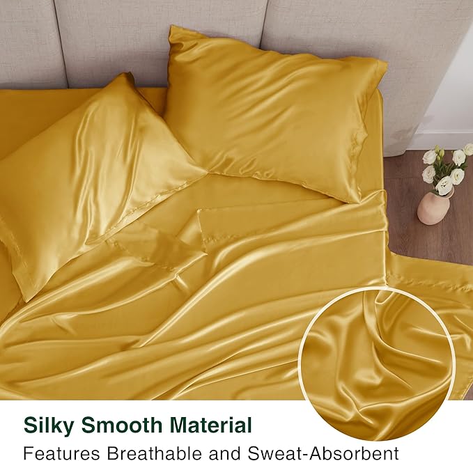 Love's cabin Satin King Sheet Sets - 4 Piece Gold Silky Sheets King Size Bed with Deep Pocket, Luxury Silk Feel King Size Satin Sheet Set (1 Flat Sheet,1 Fitted Sheet,2 Pillow Cases)