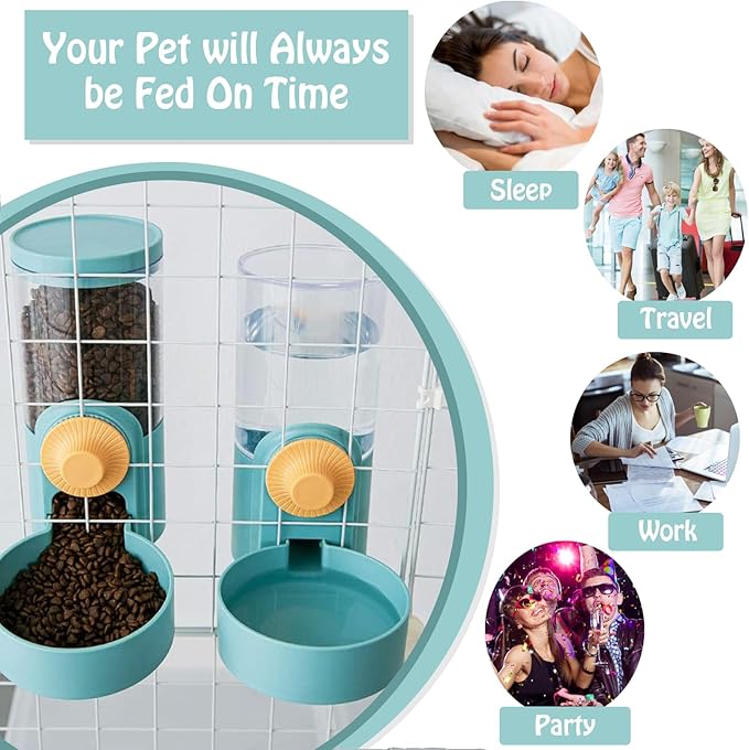 Hanging Automatic Rabbit Food Water Dispenser, Auto Dog Kennel Water Dispenser 35OZ Gravity Bunny Feeder, Dog Cage & Crate Water Dispenser for Rabbit Guinea Pig Hedgehog Ferret Kitty Puppy-Mewly Pet