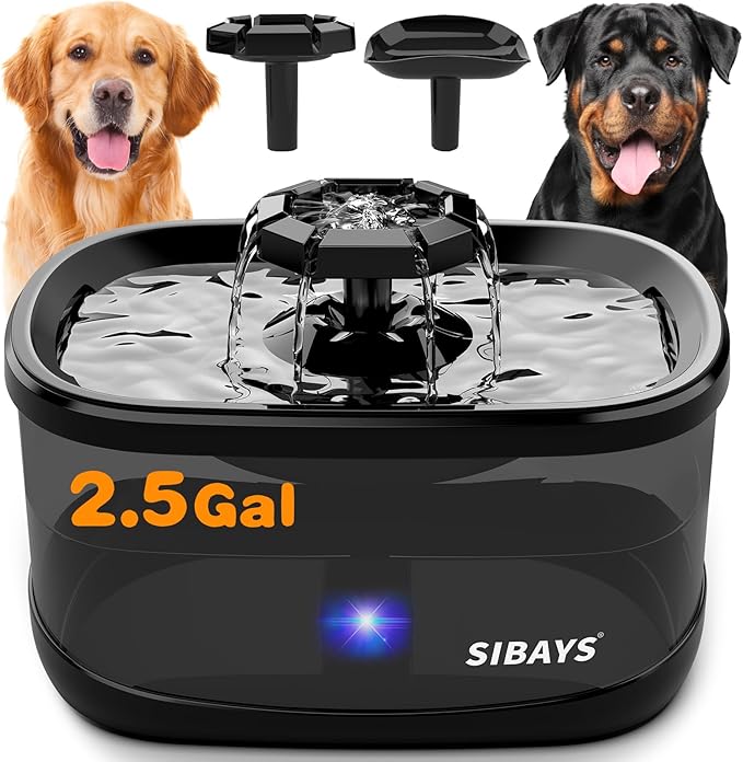 SIBAYS 2.5Gal/9.5L Dog Water Fountain, 3 Flow Modes Pet Water Fountain for Cats, Dog Water Bowl Dispenser with 7" Large Filter & Ultra Quiet Pump, BPA-Free, Ideal for Large Dogs, Multi-pet(FS68)-Mewly Pet