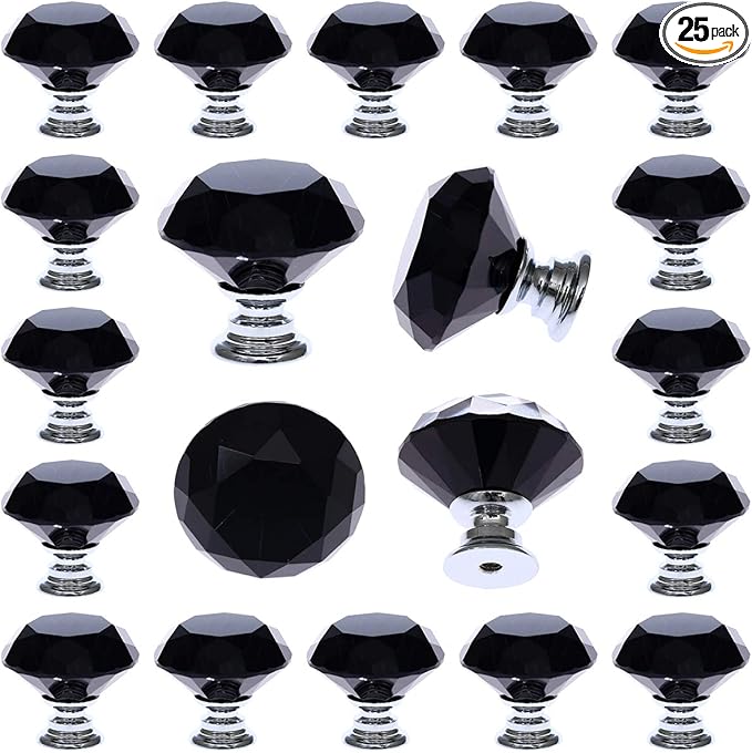 DEELF 25 Packs Kitchen Cabinet Knobs, 30 mm Crystal Cabinet Knobs, Diamond Dresser Handle Drawer Pulls, Dresser Knobs for Cabinets and Drawers, Black