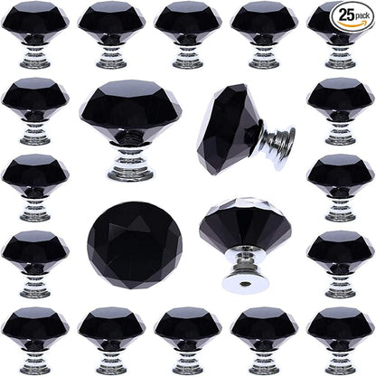 DEELF 25 Packs Kitchen Cabinet Knobs, 30 mm Crystal Cabinet Knobs, Diamond Dresser Handle Drawer Pulls, Dresser Knobs for Cabinets and Drawers, Black