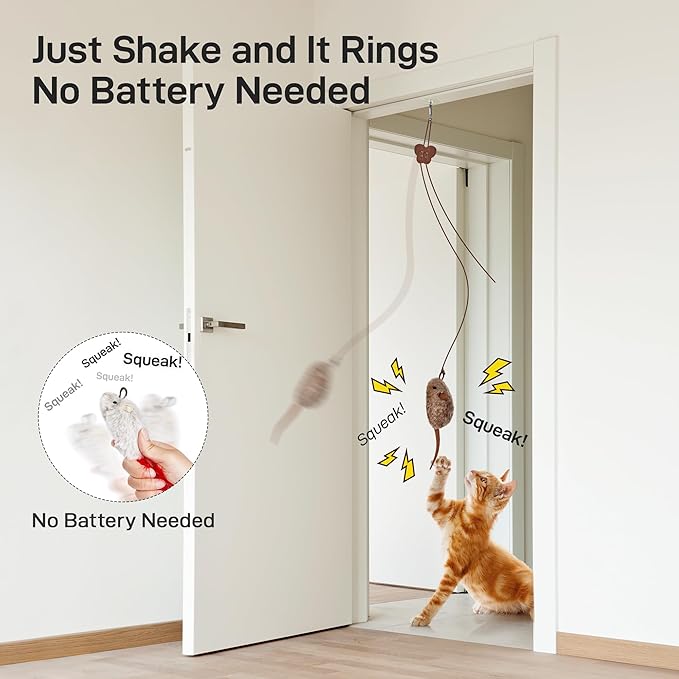 Potaroma Hanging Cat Mice Toys 3 Pcs with Squeaky Sound, Interactive Cat Teaser Retractable, Cat Toys Indoor Kitten Play Chase Exercise, Mental Physical Stimulation-Mewly Pet