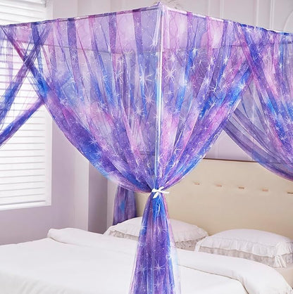Mengersi Tie Dye Canopy Bed Curtains with Lights,Gradient Ombre Bed Canopy for Girls,Canopy for Bed Princess Bed Drapes for Girls Room Decor(Full,Purple)