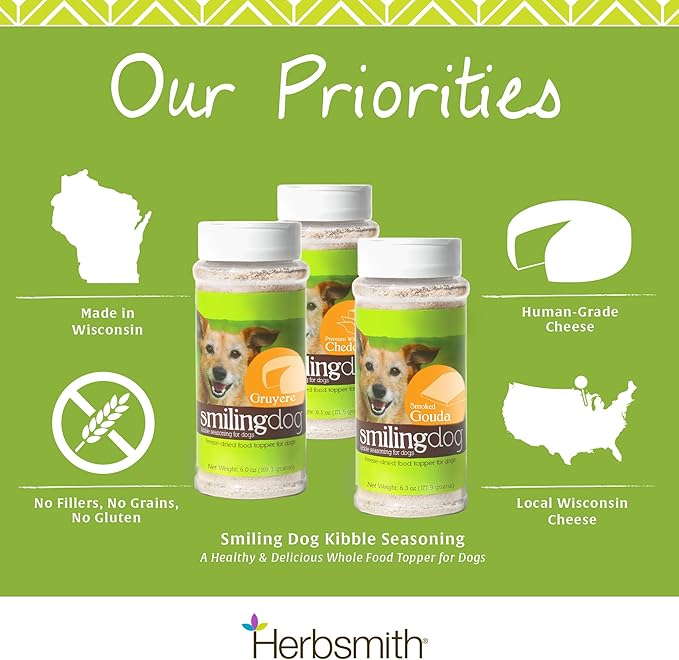 Herbsmith Smiling Dog Kibble Seasoning – Freeze Dried Cheese Food Topper - Smoked Gouda – All Natural, Human-Grade Topper for Dogs - 6 oz-Mewly Pet