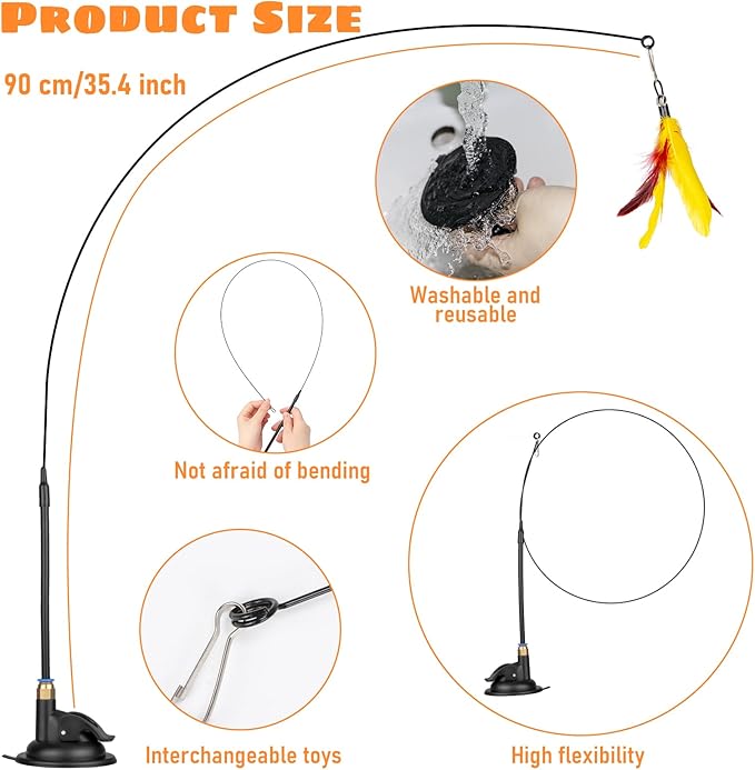 Cat Feather Toys, 10PCS Toys with Super Suction Cup, 2PCS Detachable Wand & 6PCS Replacement Teaser Refills, Interactive Indoor Cat Play-Mewly Pet