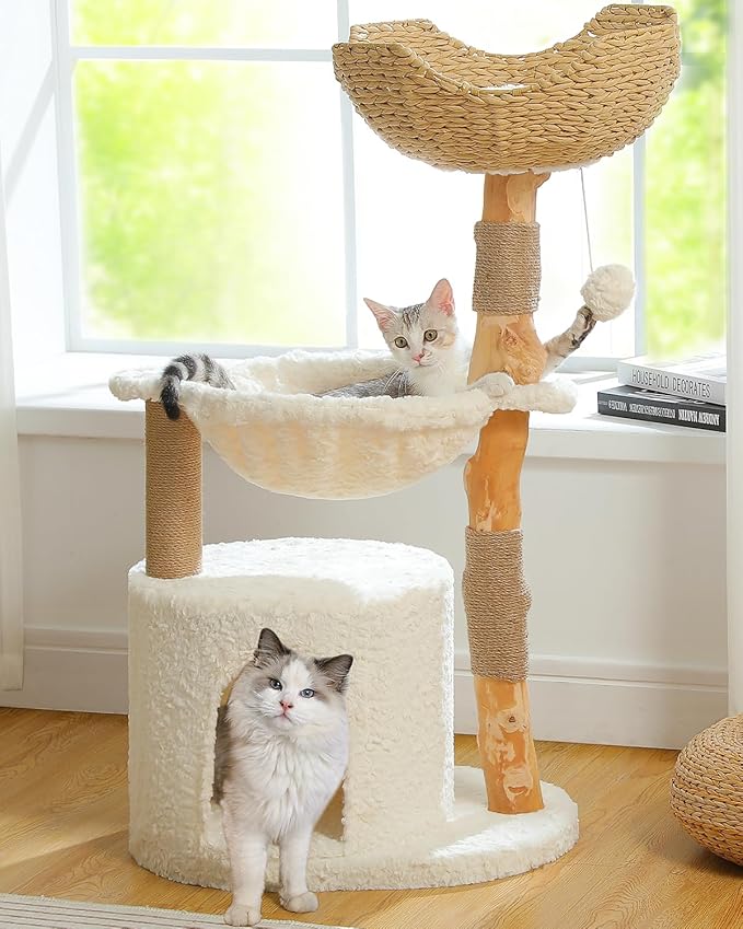 Modern Cat Tree for Large Cats, Wood Cat Tower for Indoor Cats, Real Branch Luxury Cat Furniture with Super Large Cozy Condo and Hammock & Scratching Post, Top Basket, White-Mewly Pet