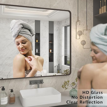 24x30 Bronze Bathroom Mirror, Brushed Metal Bathroom Vanity Mirrors for Wall, Rounded Corner Bronze Rectangle Mirror for Farmhouse, Bedroom, Anti-Rust (Horizontal/Vertical)