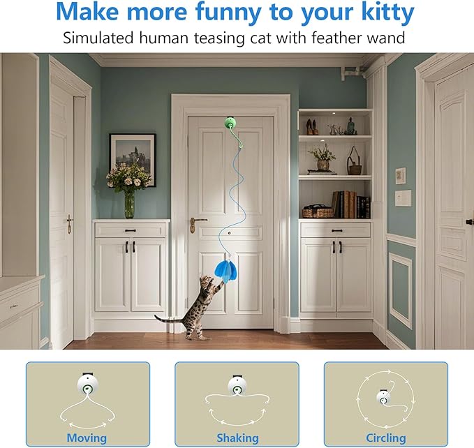 Cat Toys Interactive for Indoor, Cats Toy Hanging Door Electric for Bored,Feather Toy Kitten Rechargeable Door Hanging Automatic String with 4pcs Feather Toys(Green)-Mewly Pet