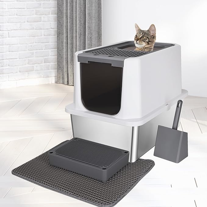 RIZZARI Stainless Steel Cat Litter Box, Odorless Enclosed Litter Box with Top Holes, Large Litter Pan for Small to Large Sized Cats (Dark Gray, 24" L*16" W*18" H)-Mewly Pet
