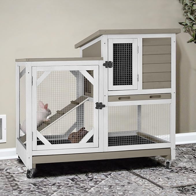 GUTINNEEN 2-Story Rabbit Hutch with Chew-Proof Ramp & Pull-Out Trays - Indoor/Outdoor 39.3" Wooden Rabbit Cage on Wheels for Rabbits, Guinea Pigs (Light Brown)-Mewly Pet
