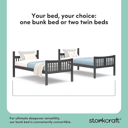 Storkcraft Caribou Bunk Bed Twin Over Twin Bunk Bed (Gray) - GREENGUARD Gold Certified, Twin Bunk Beds for Kids, Converts to 2 Individual Twin Beds, Bunk Beds for Kids