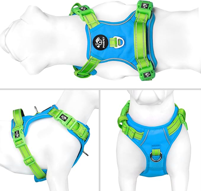 PHOEPET No Pull Dog Harness, Unique Colors Reflective Adjustable Dog Vest, with Soft Training Handle Metal Clips for Small Medium Large Dogs (Blue Base & Green Straps,L)-Mewly Pet