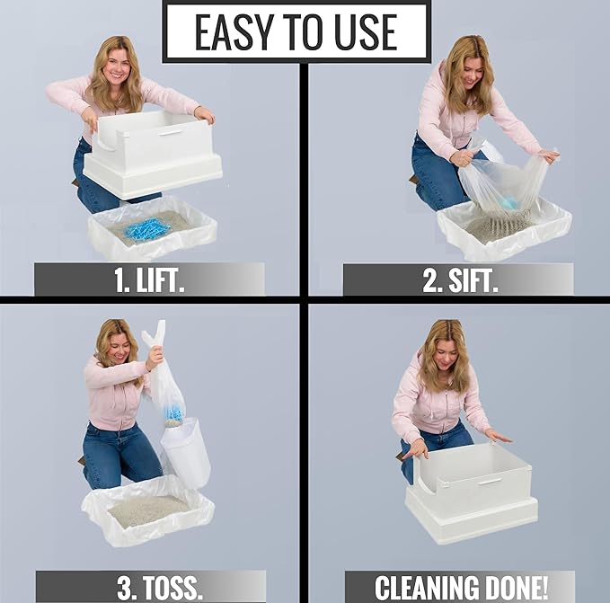 V2 Deluxe Cat Litter Box Starter Kit, Includes 56ct Disposable Standard Sifting Liners, White-Mewly Pet