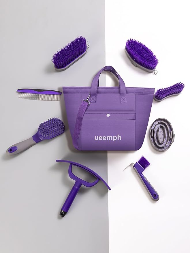 Horse Grooming Kit (12-Piece): Brushes, Storage Bag, Sweat Scraper, Mane Comb, Grooming Gloves - Purple Horse Gifts for Girls-Mewly Pet