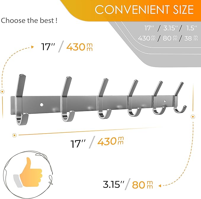 Coat Rack Wall Mount – Brushed Nickel 17 Inch Stainless Steel Hook Rail with 6 Heavy Duty Double Coat Hooks – Wall Mounted Coat Hanger for Entryway, Bathroom, Bedroom, Towel, Hat Organizer - 3 Pack