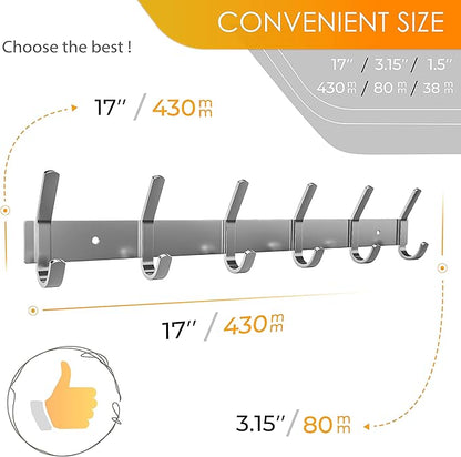 Coat Rack Wall Mount – Brushed Nickel 17 Inch Stainless Steel Hook Rail with 6 Heavy Duty Double Coat Hooks – Wall Mounted Coat Hanger for Entryway, Bathroom, Bedroom, Towel, Hat Organizer - 6 Pack