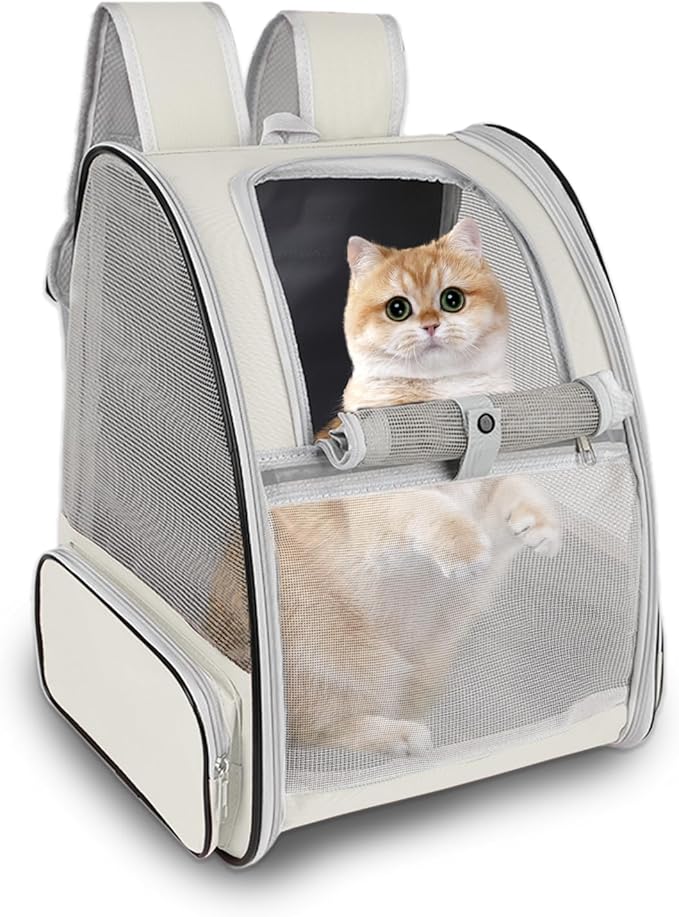 Cat Backpack Carrier,Pet Carrier Airline Approved for Small Dog Cat Puppy Kitten Bunny,Ventilated Mesh Design Animal Backpack for Hiking Camping Travel Bag (Creamy White)-Mewly Pet