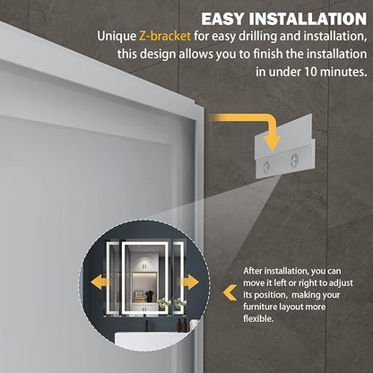 24''x36'' LED Bathroom Mirror with Front + Backlit, Tempered Glass Bathroom Mirror with Lights, Anti-Fog, 3 Colors with Stepless Dimmable Memory Bathroom Vanity Mirror for Wall, Shatterproof
