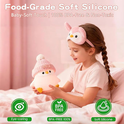 Penguin Silicone Night Light, Cute Pink Penguin Lamp with Knitted Hat, Soft Nursery Nightlight, USB Rechargeable/Dimmable,LED Squishy Novelty Animal Bedside Lamp,Funny Gifts for Kids/Girls
