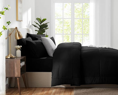 CozyLux Oversized Queen Comforter Sets Black, 7 Pieces Bed in a Bag, Ultra-Soft All Season Bedding Sets with Stitch Quilted Comforter, Flat Sheet, Fitted Sheet, Pillowcases, Black